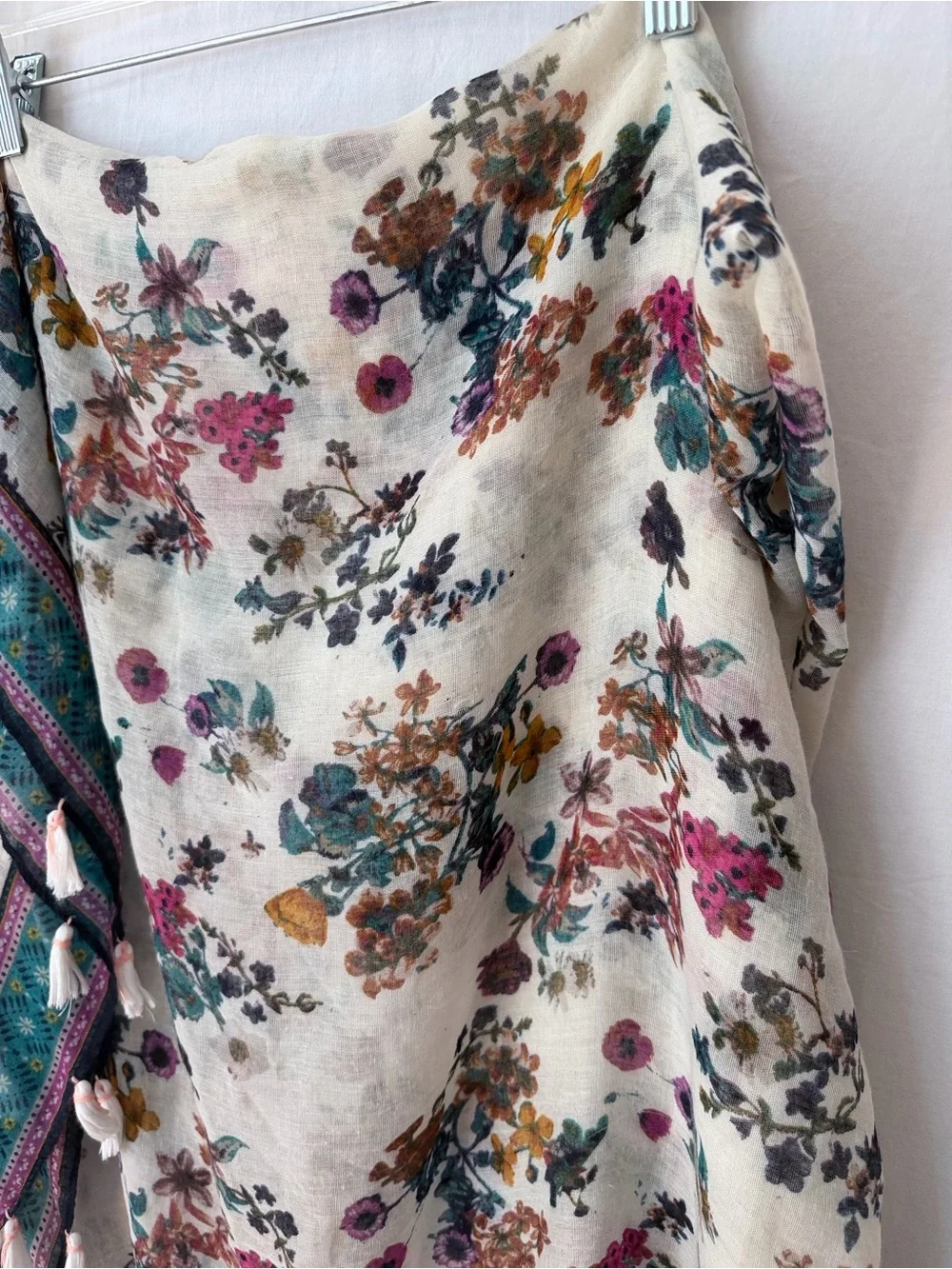 Floral Jewel Toned Folk Tassel Scarf Wrap